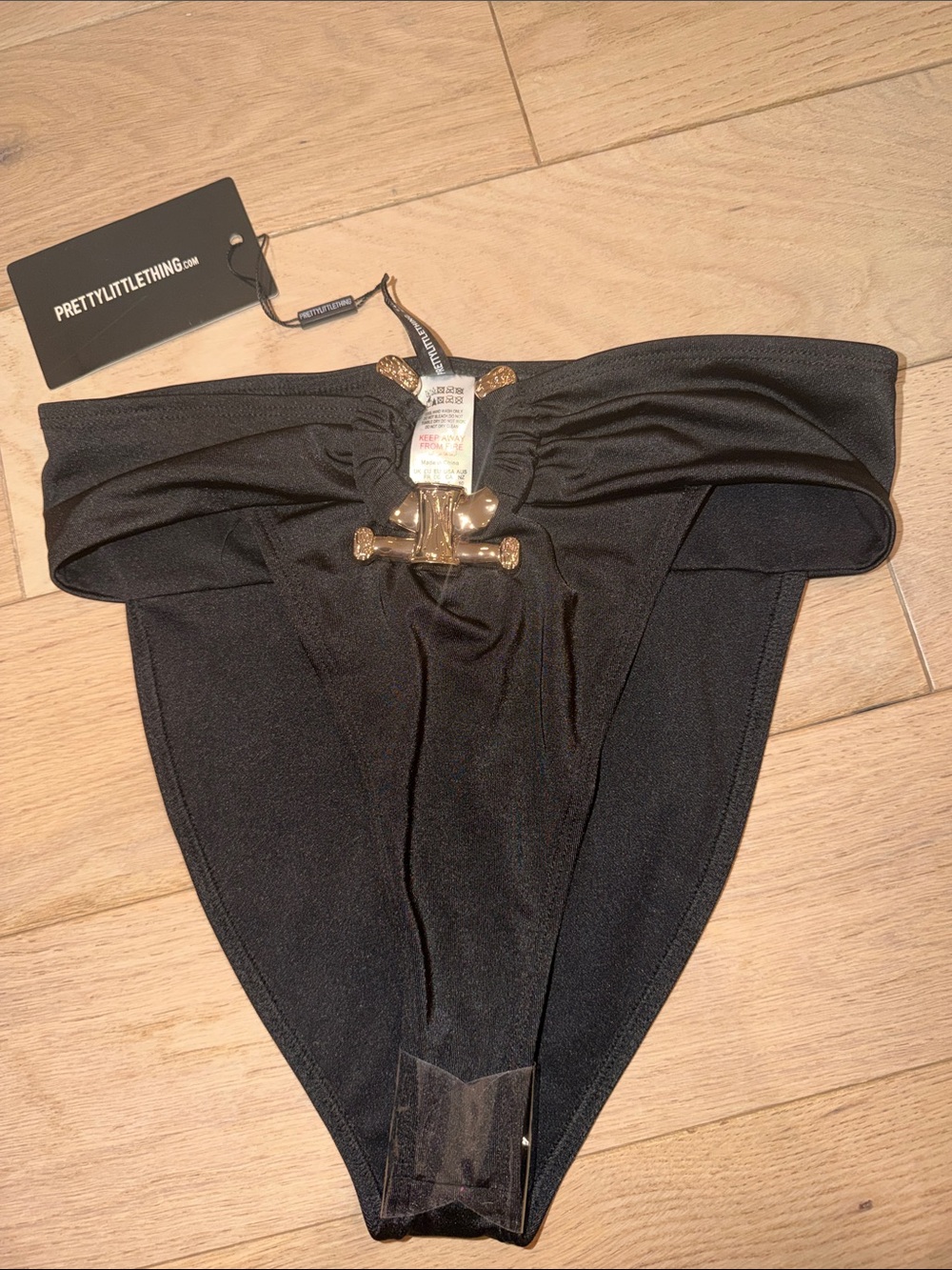 PrettyLittleThing Black High-Cut Bikini Bottom with Gold Clasp